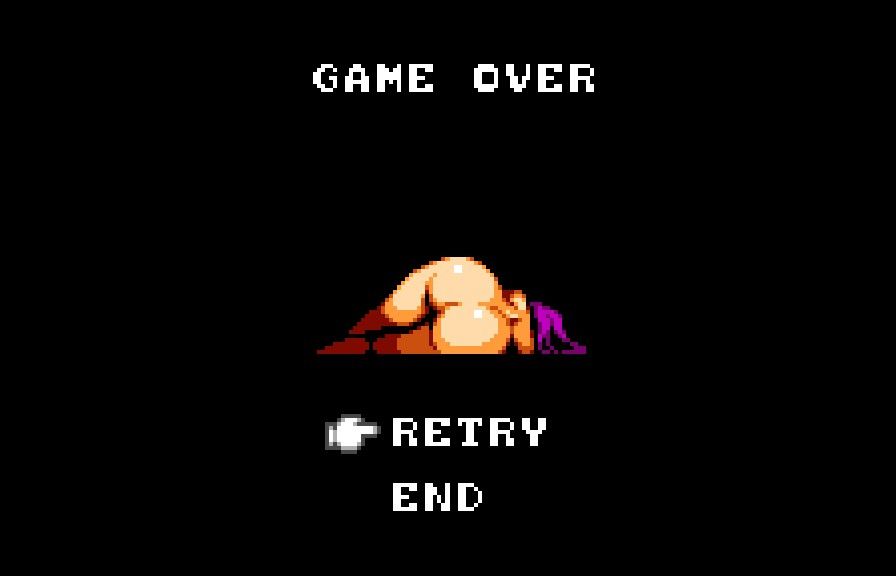 Game Over screen for Sword of Succubus. On an entirely black screen, the words "game over" appear top-center in a relatively small font, followed by the slumped over defeated body of a naked succubus with light skin and plum colored hair. She is facing away from the camera, her big bubble butt on display for the world to see. Options for Retry and End appear below.