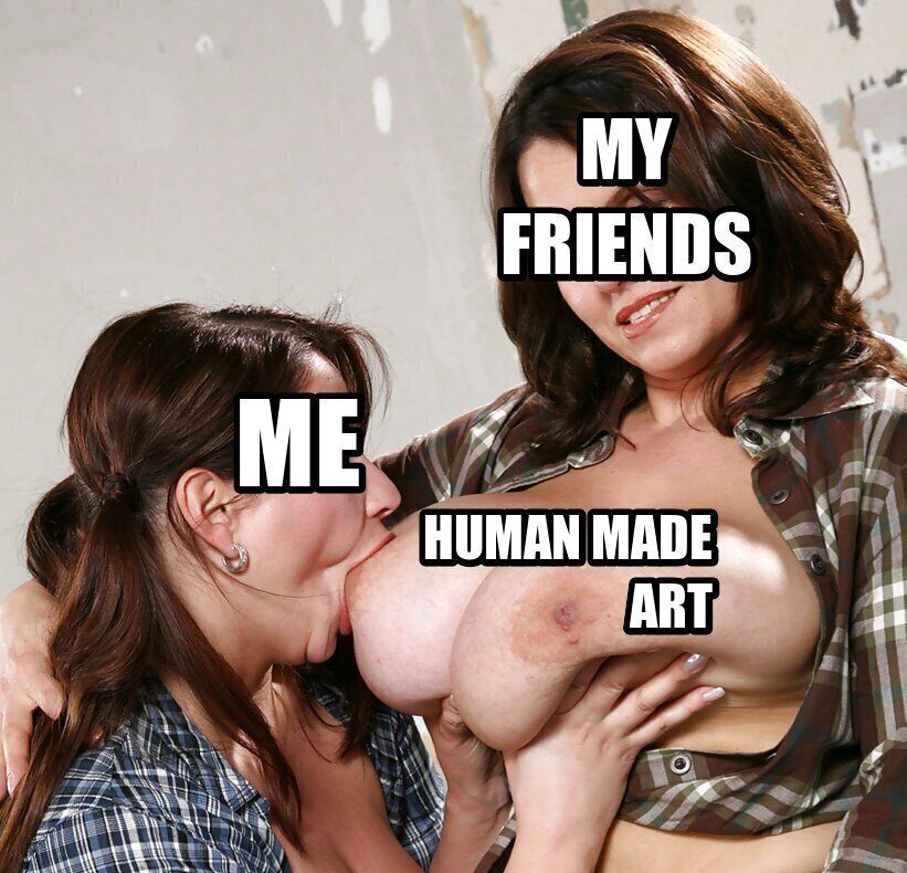 Adult models Milena Velba and Nadine Jansen. Both are wearing checked shirts popped open. Nadine is knelt down and suckling hard on one of Milena's breasts. Across Milena's face is written "My friends". Across Nadine's face is written "Me". Across the breast being suckled is written "Human made art".