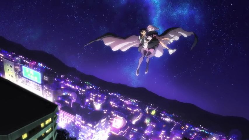 Screenshot from Call of The Night. A pink-haired vampire wearing a long black cloak carries a teenage boy in short capris and a track jacket through a starry purple night sky above a neon-rimmed cityscape.