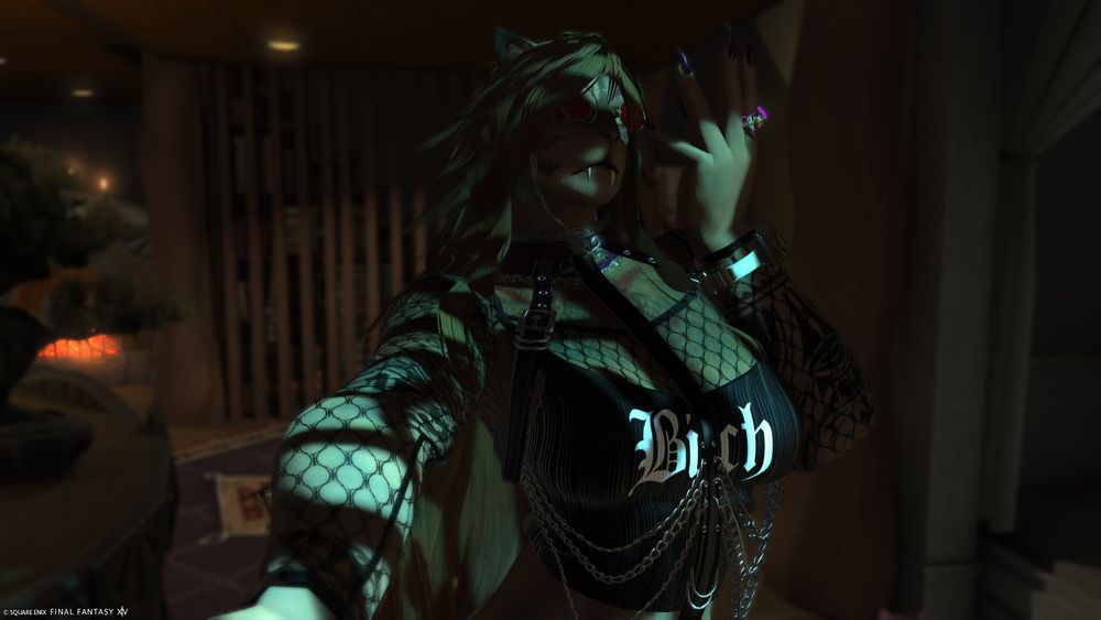 Xa'loha posing in the dark, light shining on her and a top that says "Bitch".