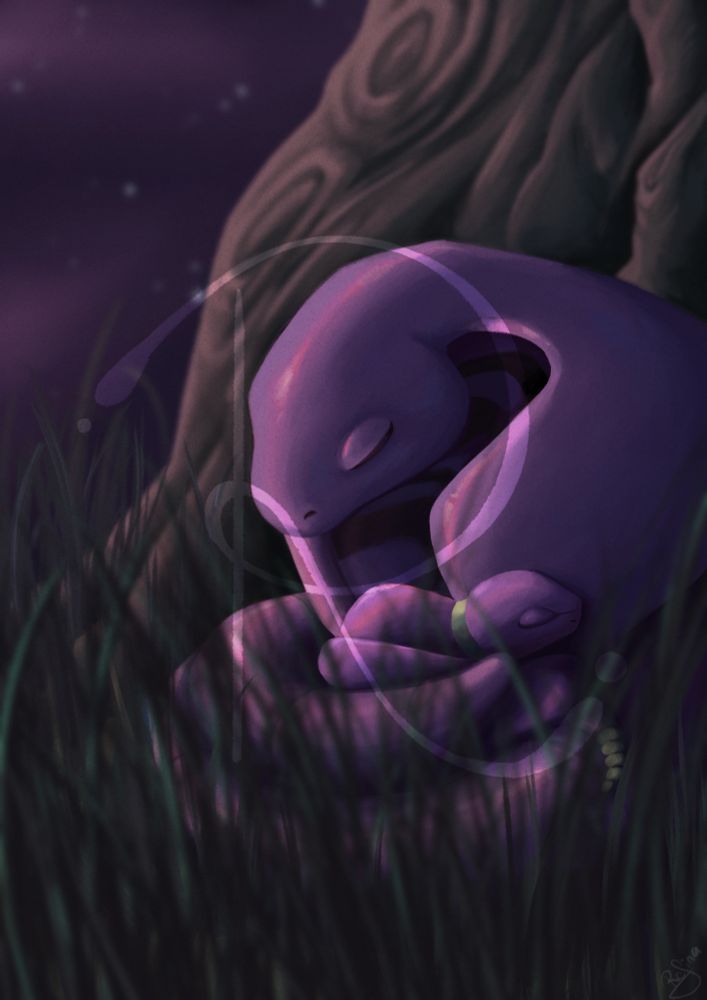 Dessin de Arbok et Abo,deux Pokémon serpent violets, qui dorment 