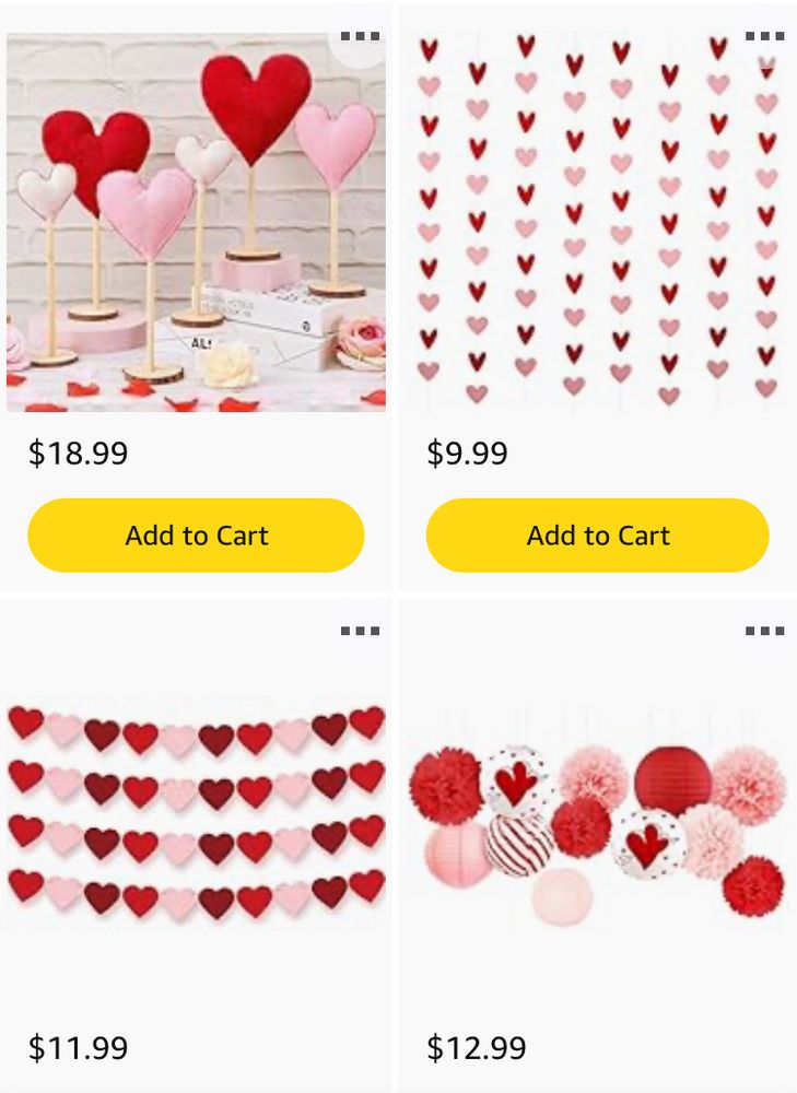 Screenshot of Amazon wishlist Valentine’s Day heart-themed decor for classroom. Includes red, pink, and white heart garland, centerpieces, and paper lanterns.