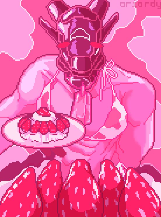 Commission. A pixel artwork completed in seven shades of pink featuring Ozzy as the subject. Ozzy is emerging from a gathering of strawberries and whipped cream at the bottom of the piece and is holding a plate with a strawberry tart on display for the viewer. He wears his signature cow-print bikini to show off his muscular physique and is set against a pink cow print background. The faint text in the upper right corner is the artist's signature: oriardy.