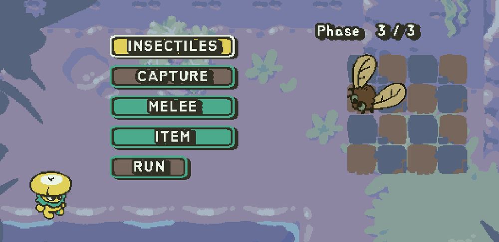 Gameplay footage from the Insectile demo showing Agar has sent out one fuzzy grey fly to battle on the tile board.  His opponent, a yellow mushroom, stands to the left of the interactive text buttons.
