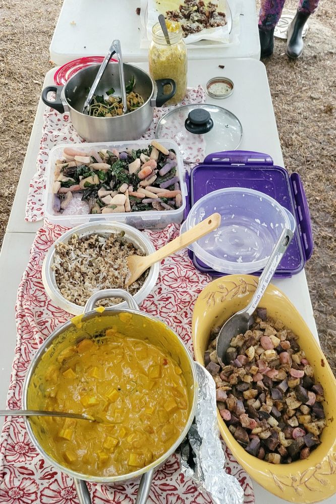Curry, rice, vegetables and more on a table in the playground
