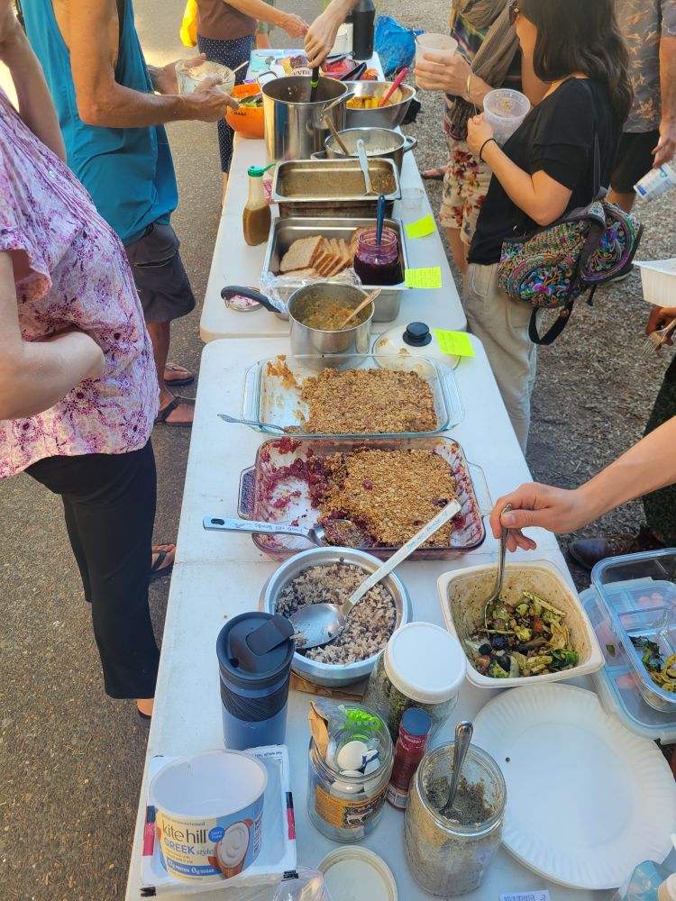 Long table full of prepared vegan food, with people standing around it, serving themselves
