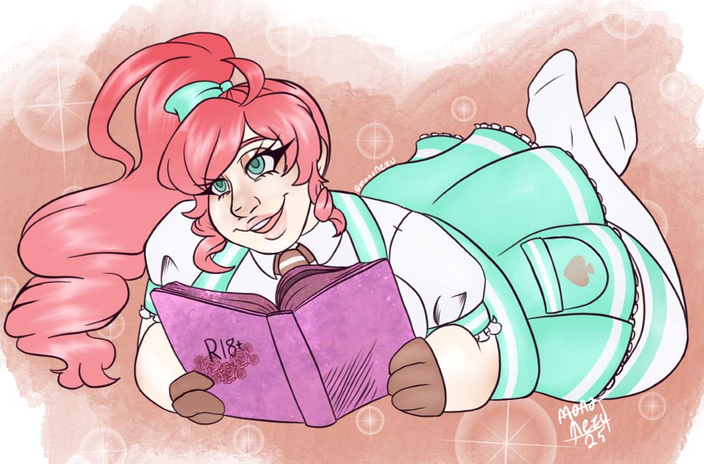 Bianka laying on her stomach with a book that is labeled at R18. She is smiling up at the viewer.