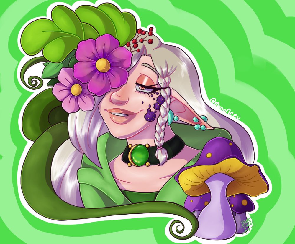 Dawnhorn (they/them) my elf oc looking blissfully happy/dazed with some plants, flowers, vines, and mushrooms around them on a green background.