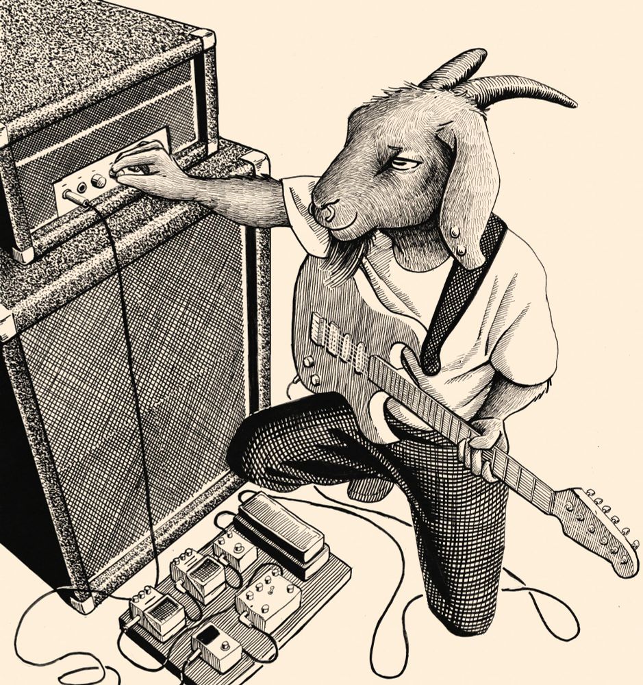 a high angle ink drawing of an anthro goat kneeling with his guitar in front of his amp and pedalboard, adjusting the eq settings on the amp