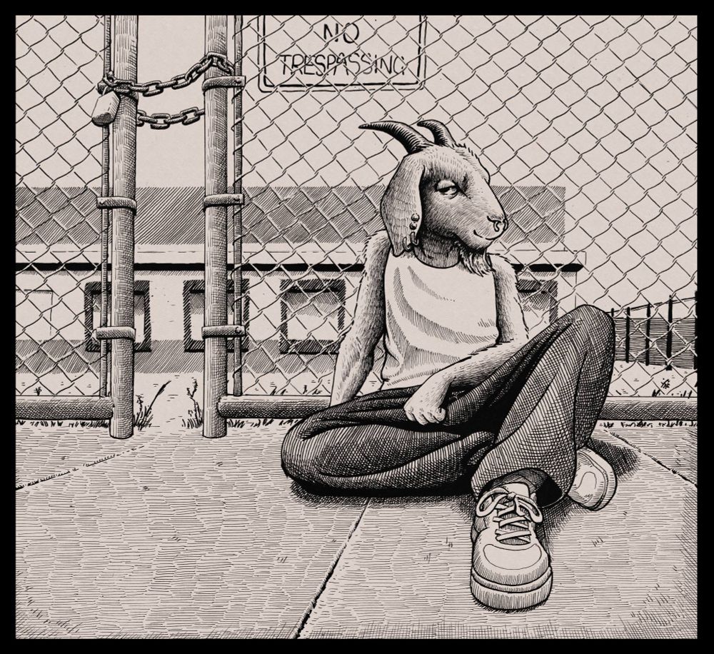 ink drawing of a goat dude sitting on the sidewalk in front of a chainlink fence that surrounds a building