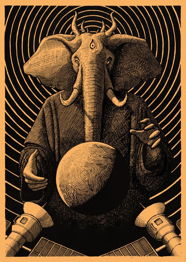 a colossal elephant creature with horns and a third eye on its forehead towering over a planet, its hand poised on both sides. two satellites in the foreground point towards it. a pattern of circles radiate outwards from the elephant's head.