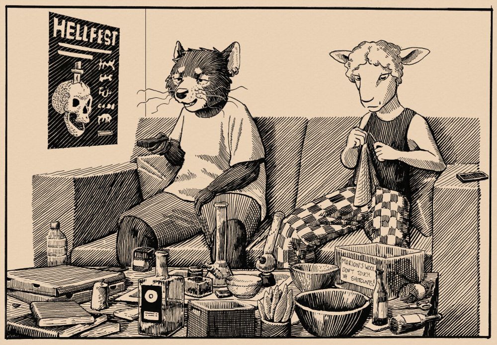 an ink drawing of two anthro women, a tasmanian devil and a sheep, sitting on a couch in front of a cluttered coffee table. tasmanian devil is pointing a remote at a tv, sheep is crocheting something