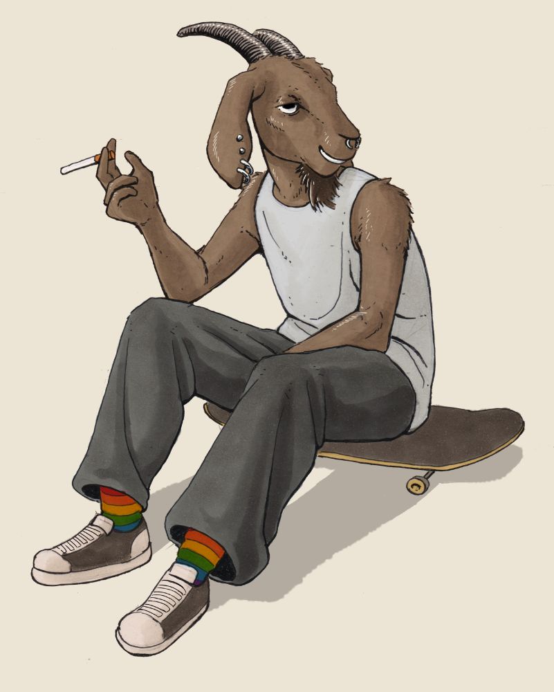 an anthro goat dude sitting on a skateboard holding a ciggy