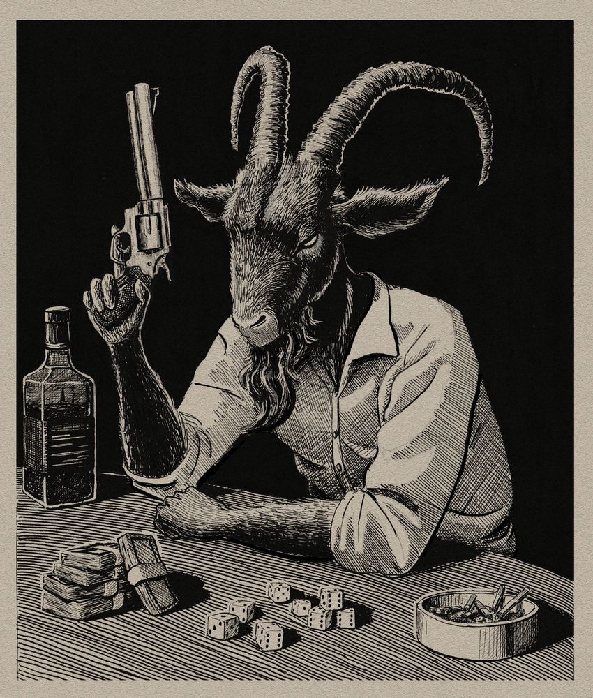 a menacing goat person holding a revolver in a dark room, on the table in front of them is a stack of money, a bottle of whiskey, an ashtray and dice.
