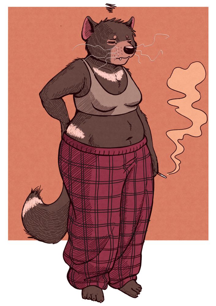 a tired tasmanian devil gal, who does not enjoy mornings, waking up with a ciggy