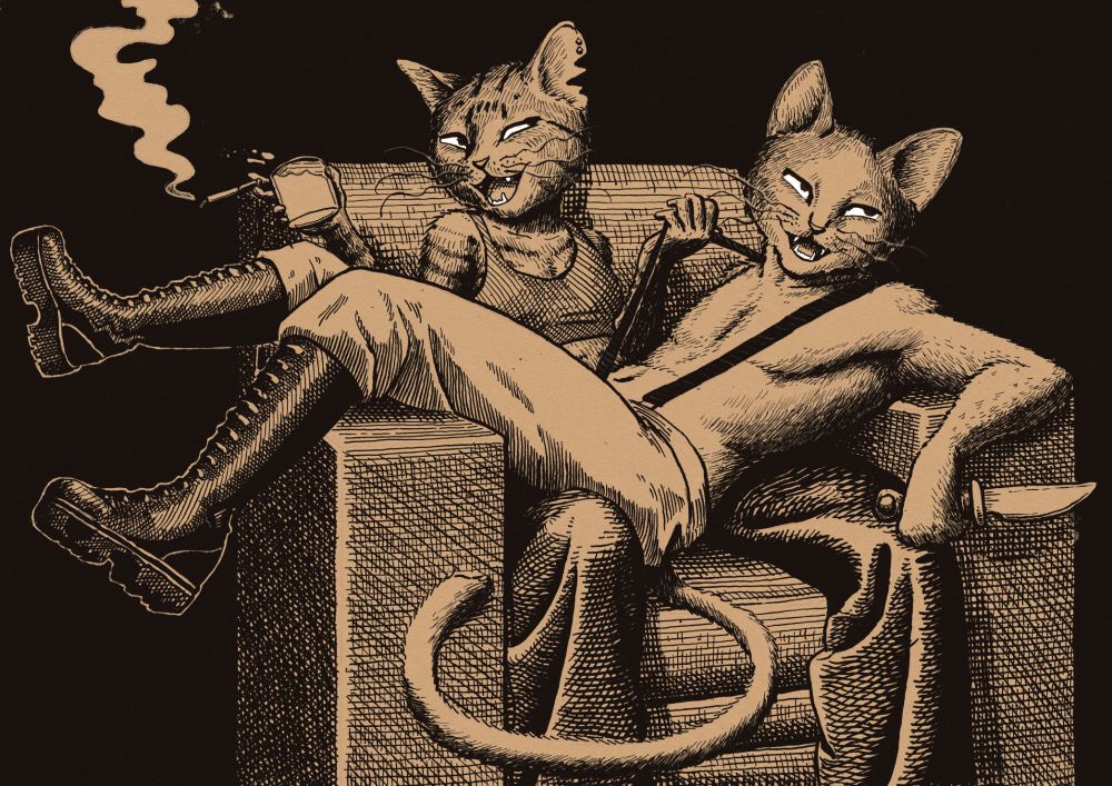 two anthro cats sitting on a lounge chair, one laying across the other. the cat laying across wears boots and suspenders and is wielding a knife. the other cat holds a glass of milk and a cigarette in one hand, the other hand tugging on the suspender of her fellow cat. both of them have cheeky looks on their faces.