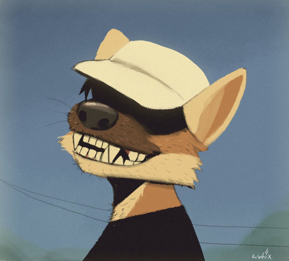 A portrait of an anthropomorphic pine marten in bright daylight in a Polaroid style, wearing a bright white hat that casts their eyes in dark shadow. Big uneven janky tooth smile beaming at the viewer. The sky is a bright blue with a sun drenched orange saturation over it.

Power lines. 

The suggestion of a bushy treeline 