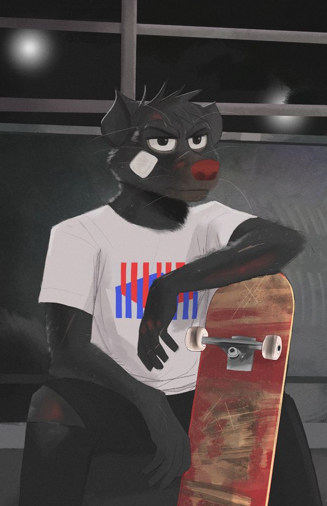 Furry art of an anthropormophic black-furred mustelid, possibly a skunk with no white markings. They are sitting at the edge of a box near a raised railing against a dark starless night with glowing the haze of nearby streetlamps. He's leaning against a scratched up skate deck with a deathly serious stare- sitting in statue-stillness with the evidence of several hard spills painting his forearms and parts of his face. Untreated scrapes and exactly one bandaged cut on his cheek besides the scars of older scrapes. He's got on a white shirt with a red and blue graphic design on the chest and a pair of black jeans with a hole torn in the knee. He floats in a mental fog contained within a concrete soup bowl.