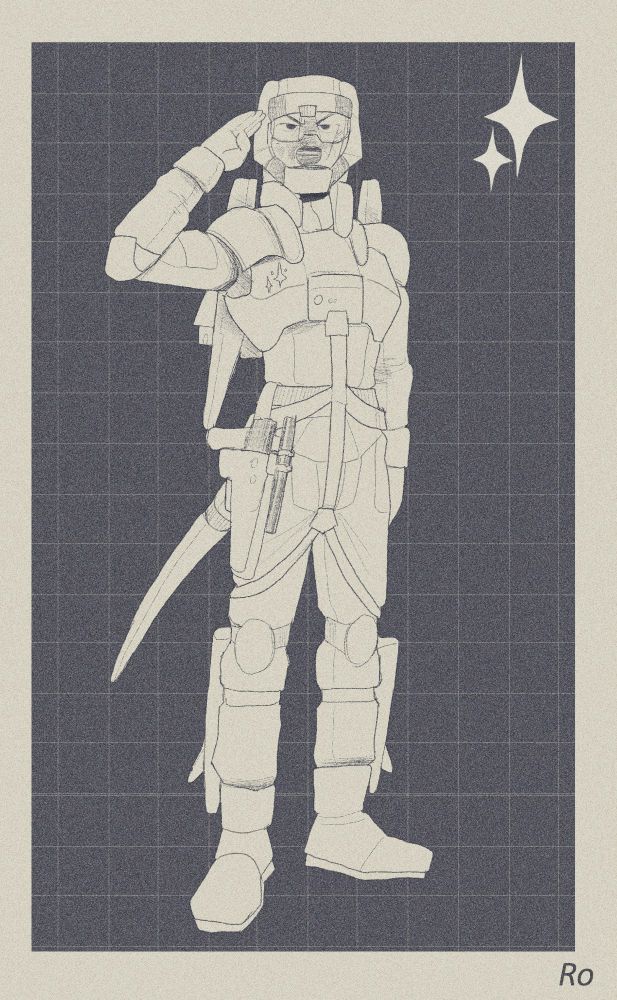 anthropomorphic art of a pine marten pilot in a science-fiction jump suit and helmet adorned with a flight harness and holstered with a side-arm. He stands upright and rigid with their right hand fixed in a salute. 
