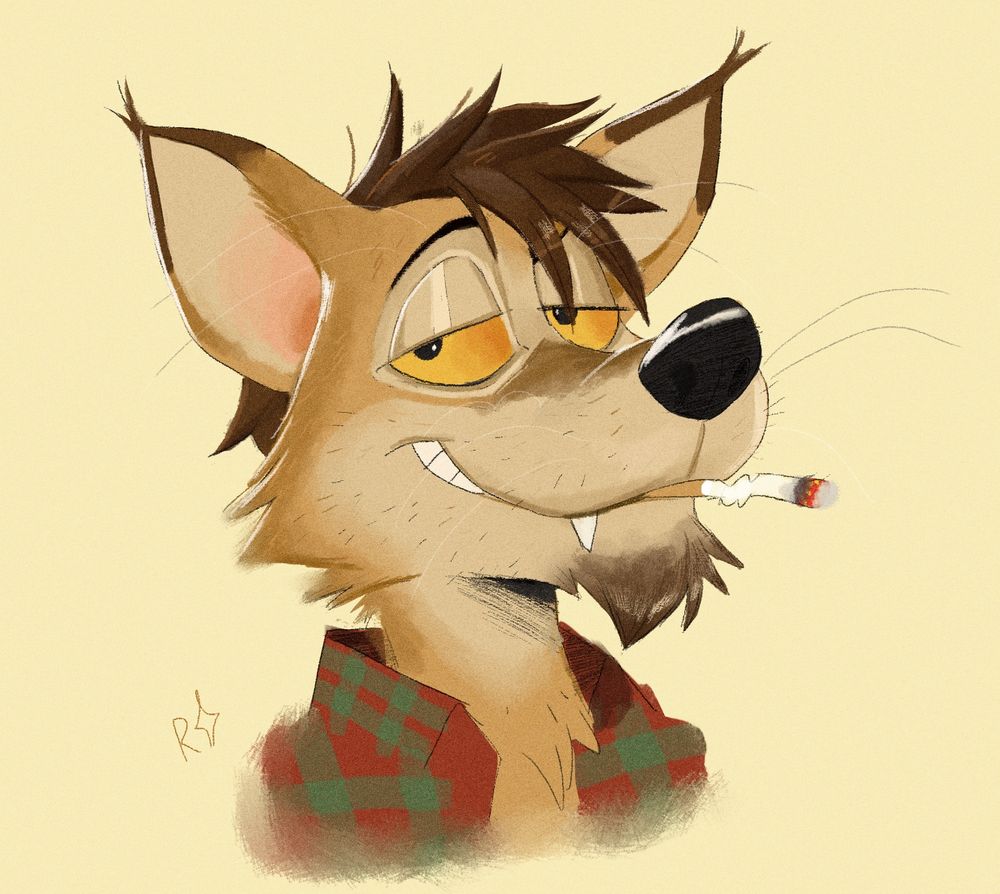 furry art, a portrait of a scummy looking coyotes head with yellow eyes smoking a cigarette against a pale beige background. 