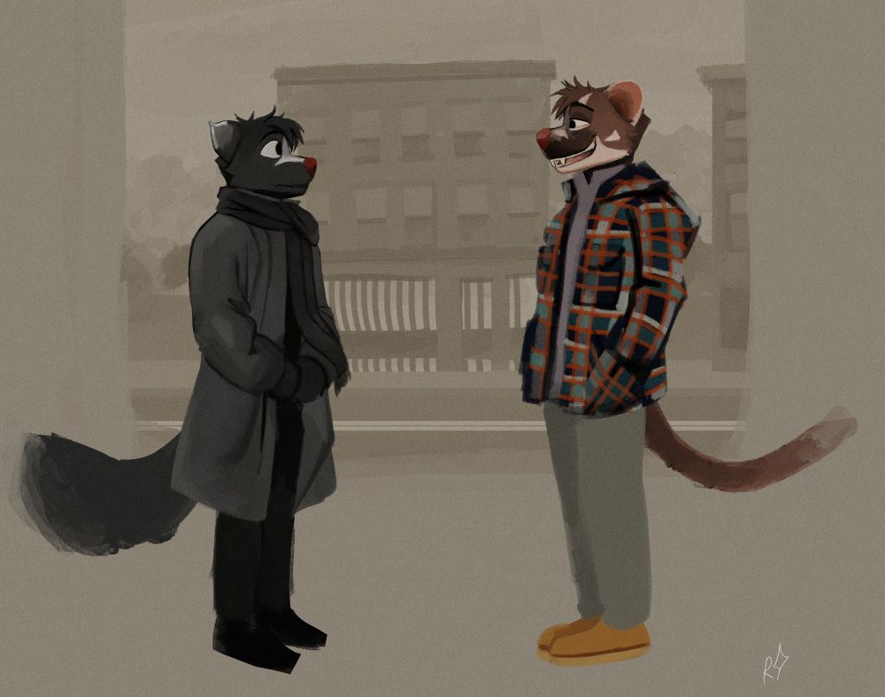 Art of a pair of Anthropomorphic males, a skunk (half stoat) and a long tail stoat standing facing each other. They're bundled up in cool weather clothing and standing against a sepia backdrop of an old brick building in a hilly city on a shitty spring morning  

The skunk looks a little unsure 

The stoat looks very sure 