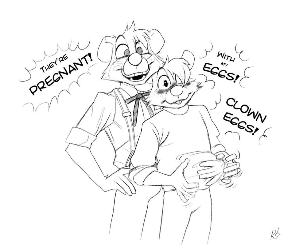 A sketch of an anthropomorphic couple. A skunk and a rat. The skunk is a clown with facial markings resembling clown paint, they're wearing pants with suspenders and a western bowtie and a buttoned shirt with the sleeves rolled. Big smile on their face. They stand one hand on their hip and the other around the rat. 

The Rat, who is a head shorter than the skunk, leans into them. 

The skunk explosively announces "THEYRE PREGNANT"

"WITH MY EGGS"

"CKOWN EGGS!"

The Rats expression is stretched by shock and a a deep blush.