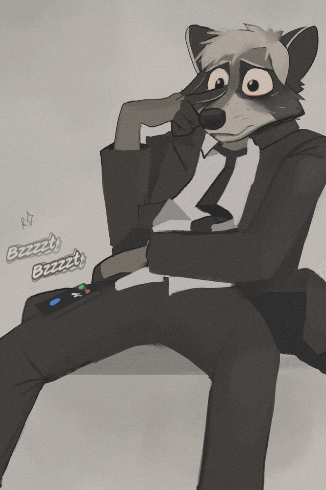 Furry art of a Raccoon wearing a coat, untucked white shirt and crumpled tie and suit pants sitting miserably with a looming look of anxious paralysis holding him in wobbly stillness. 

On his knee buzzes a phone going off with a phone call he's clearly aware of, but is not willing- or able, to answer. 