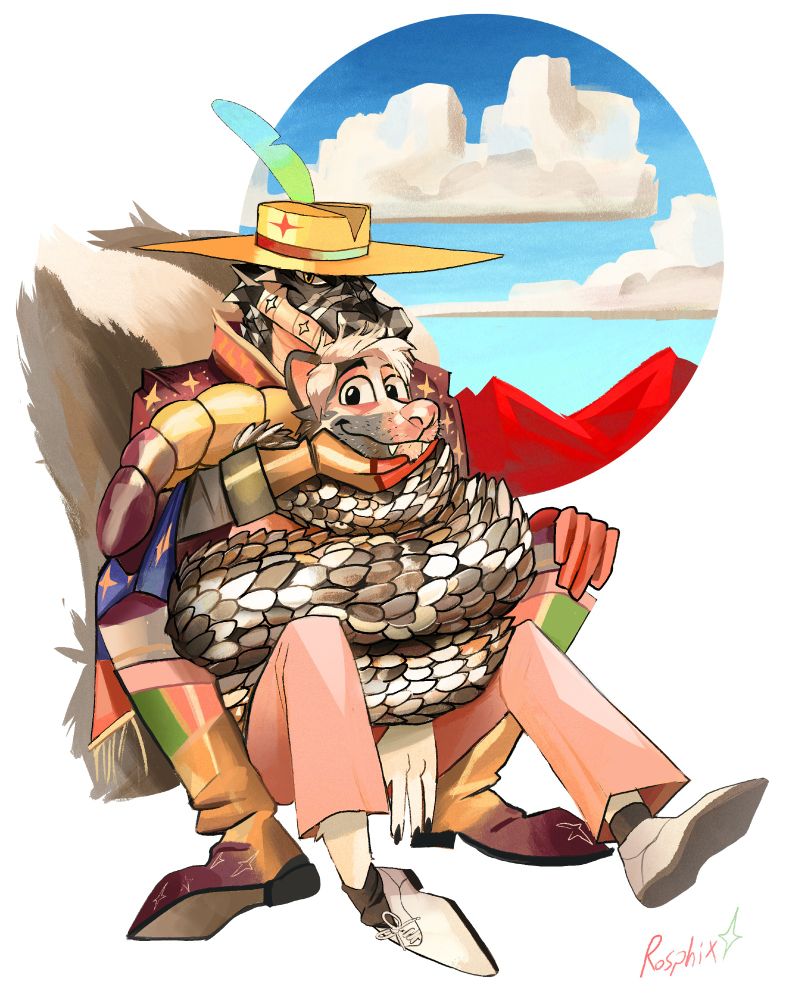 Two anthropomorphic figures sit cuddling against a rounded windowed background of a desert landscape. 
One, a skunk in a salmon colored suit with pointed white shoes- sits back against the second: a black snake with white accents and a tan underbelly wearing a colorful poncho and hat. The skunk is wrapped in the coils of the snakes tail and the skunks own is jutting out behind the skunk.