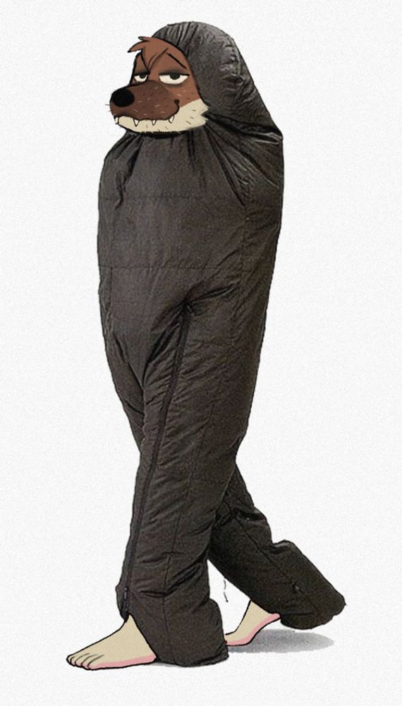 An anthropomorphic weasel edited in place of a guy wearing a sleeping bag that has legs but no arms. Looking super stoked.