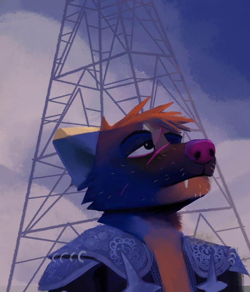 A moody piece of furry art depicting a stubbly pine marten in am embroidered matador style jacket with an open chest sitting at dusk against a large transmission tower in the background and a moody blue sky. The last bit of retreating sun warms the top of their head while the rest of them sits in a cool blue shade of twilight. Their face is scarred and their eyes are tired. They look up toward the sky with a thoughtful glour.