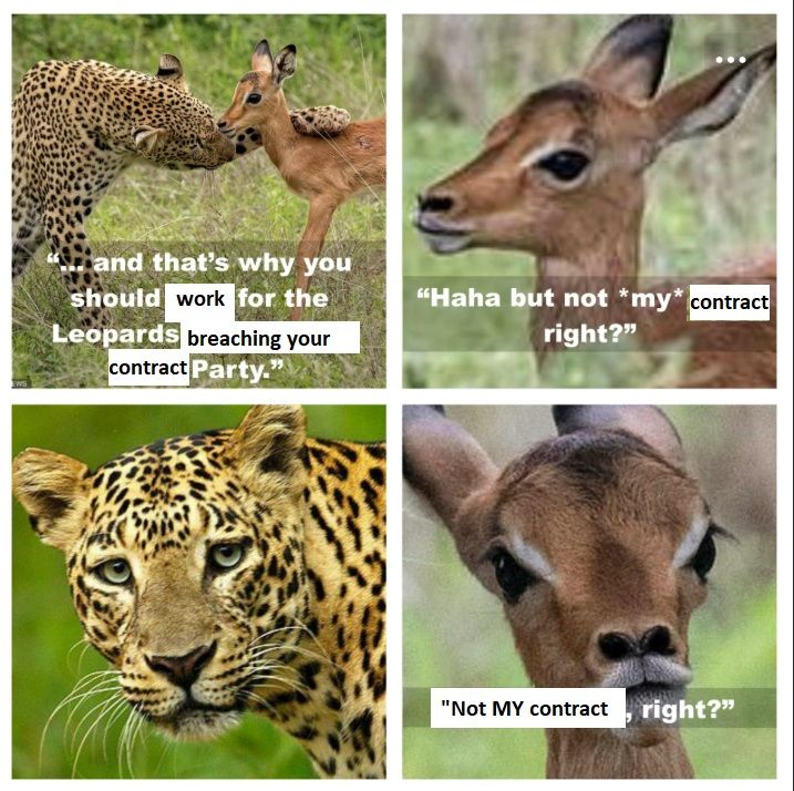 The Meme of a leopard talking to an antilope about "leopards eating your face Party", except it's talking about working for the "Leopards will breach your contract Party".

The antilope laughs "haha but not *my* contract right?
the leopard looks sternly without answering
the antilope looks concerned and asks again "not MY contract, right?"