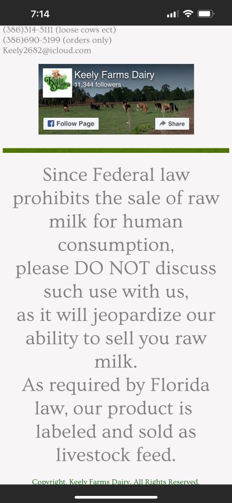 Since Federal law prohibits the sale of raw milk for human consumption,
please DO NOT discuss such use with us,
as it will jeopardize our ability to sell you raw milk.
As required by Florida law, our product is 
labeled and sold as livestock feed.