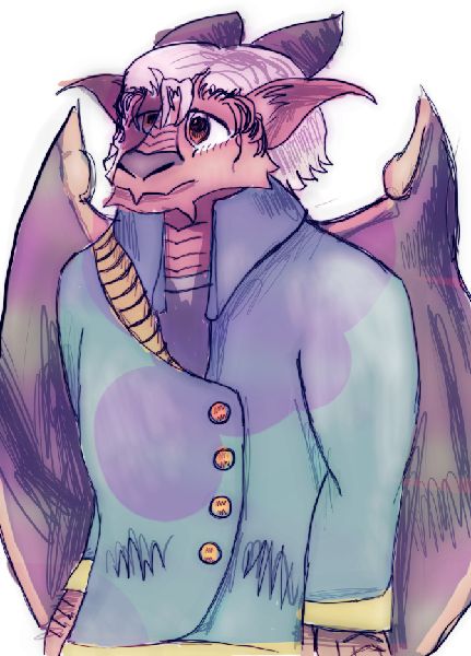 it's a dragon fox person i drew, they're wearing some sort of improvised blazer not really based off any real piece of clothing in particular and generally look like they're from a hundred years ago