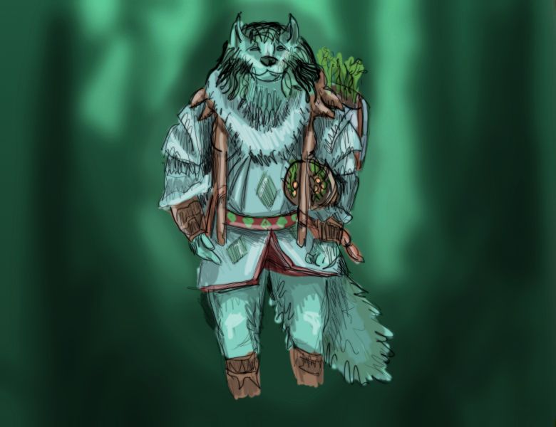a sketch of a minor dog guy (Ainok?) character from a Magic: The Gathering card called Traveling Botanist. they have a really cool coat