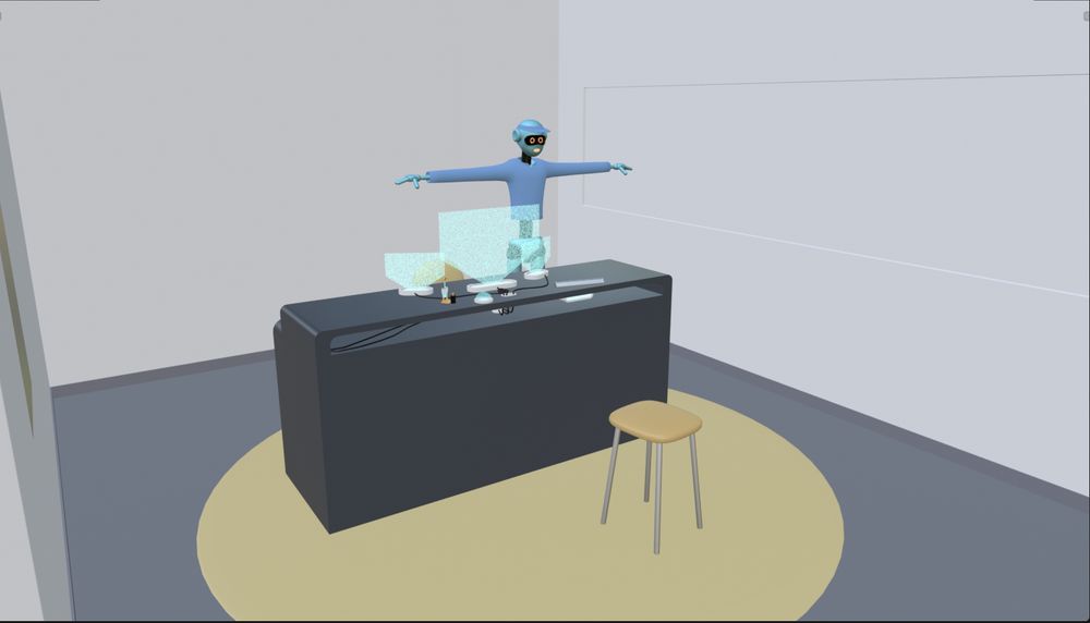 View of the incomplete office, showing a desk with holographic displays, a yellow carpet, and yellow stool, with a robot standing behind the desk