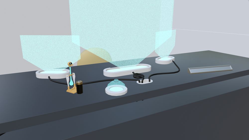Close-up of the desk, showing a holographic service bell, holographic monitors, and a robot drinking bird.