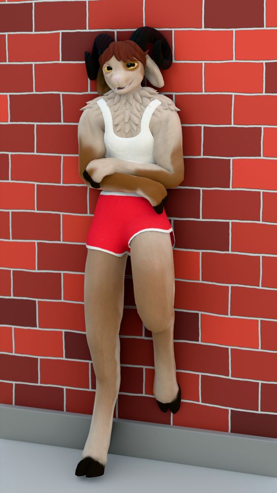 Anthro goat wearing shorts and a tank-top, leaning against a brick wall.