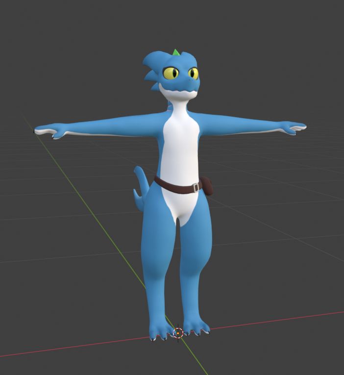 Lizard's character, A blue and white hybrid creature with the traits of a kobold and aquatic animals, t-posing in a blender viewport