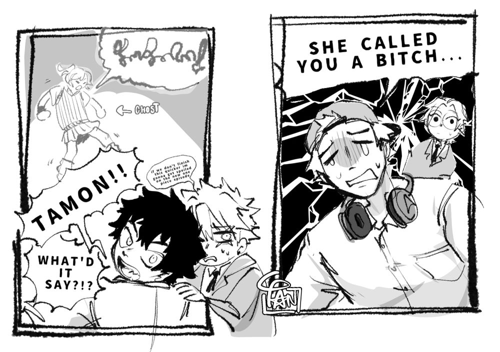Two-panel comic of the four main protagonists of Phantom Busters. Read from left to right. The first panel has a ghost shouting unintelligible words at Mogari, a tired Kanzaki grabbing him on the shoulder. Mogari looks back towards the viewer and shouts "TAMON!! What'd it say?!?". In the second panel, Tamon is tearing up with a confused chibi Eugene behind him. Tamon responds with "She called you a bitch..."