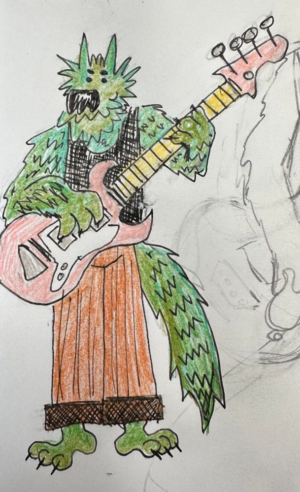 green wolfmossman with a mesh tank top, brown corduroys, and a pink bass guitar, some surfy 60s two-horned offset style 