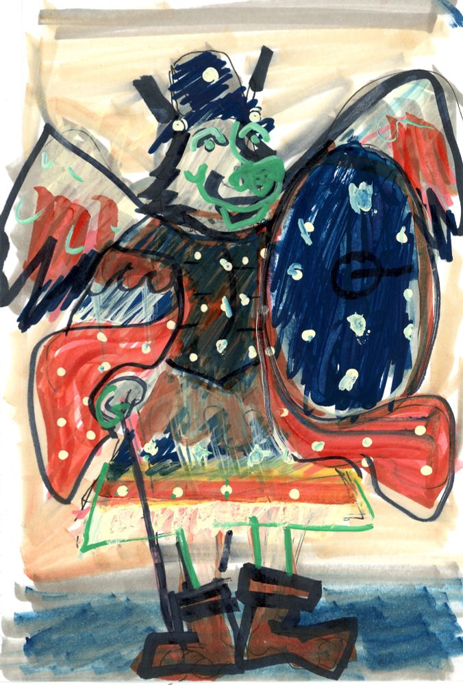 saint michael with a furry face standing and posing with shield and sword 