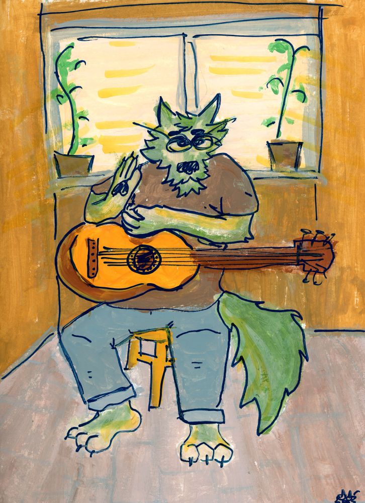 wulfbuoy garwalfey sittin on a stool with a guitar doing the laura palmer “meanwhile” pose