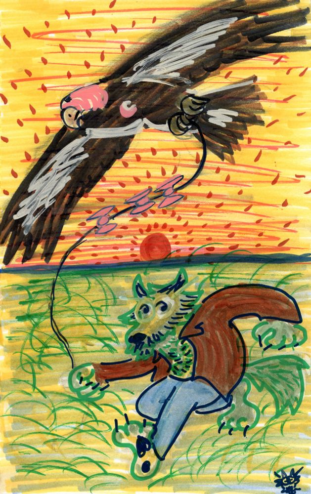 wulfbuoy runs in a field along the coast, sun setting over the water, grasping a kite string held at the other end by a soaring condor 