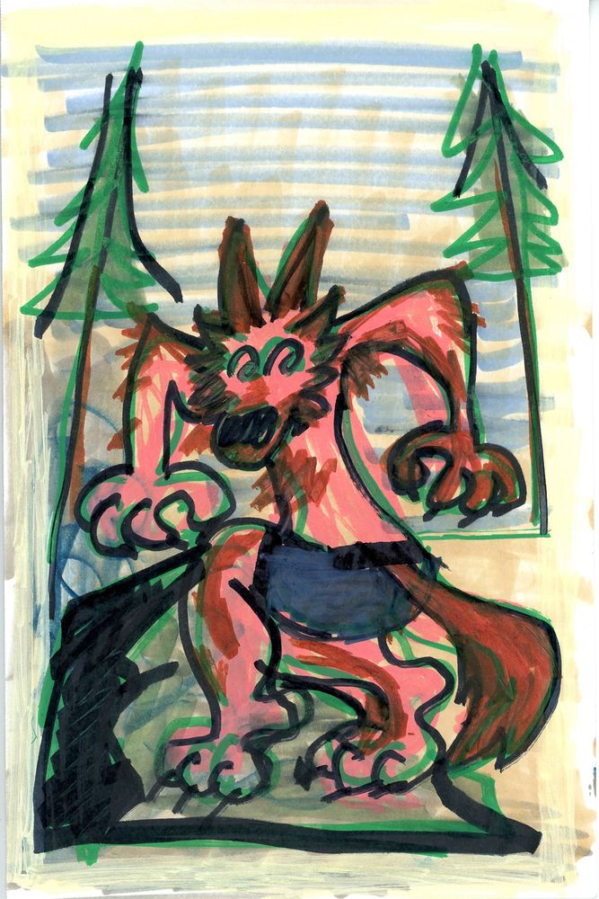 pink werewolf bigfoot posing (in jorts) 