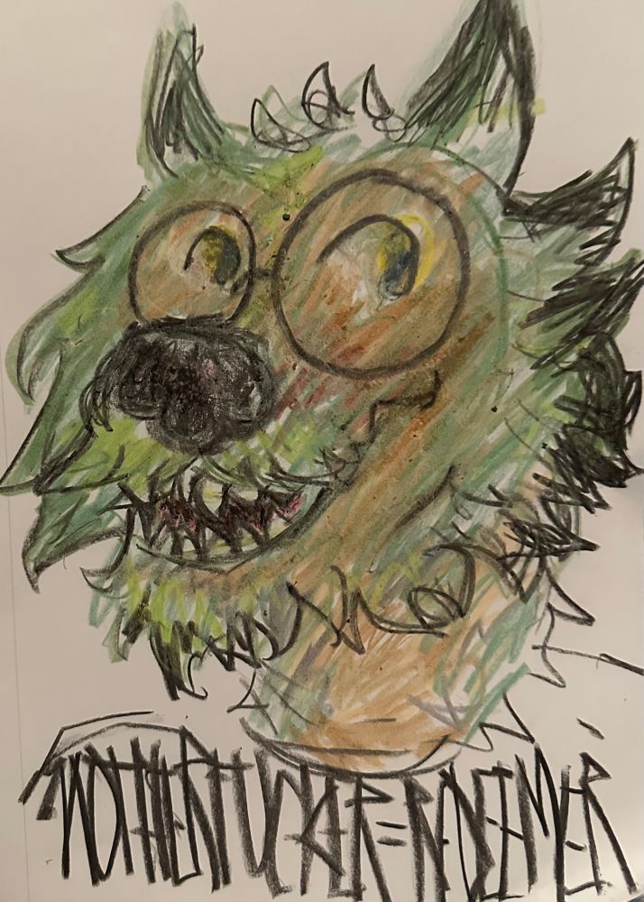 green-brown wolfman whose shirt doth say “motherfucker=redeemer” 