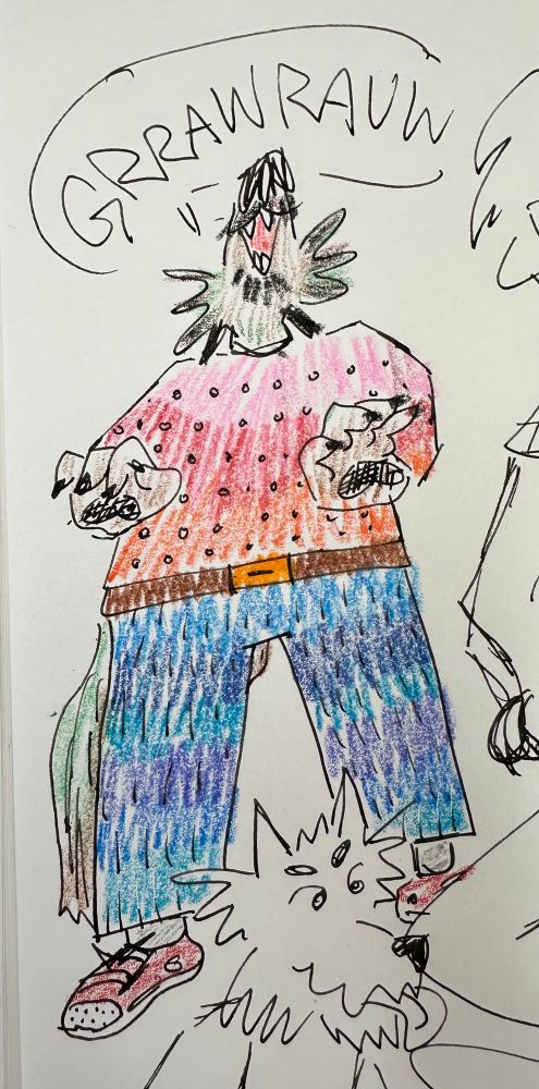 wulfbuoy grrawrauw-ing, pink-red-orange sweater, pants various stripes of blue, red converse
