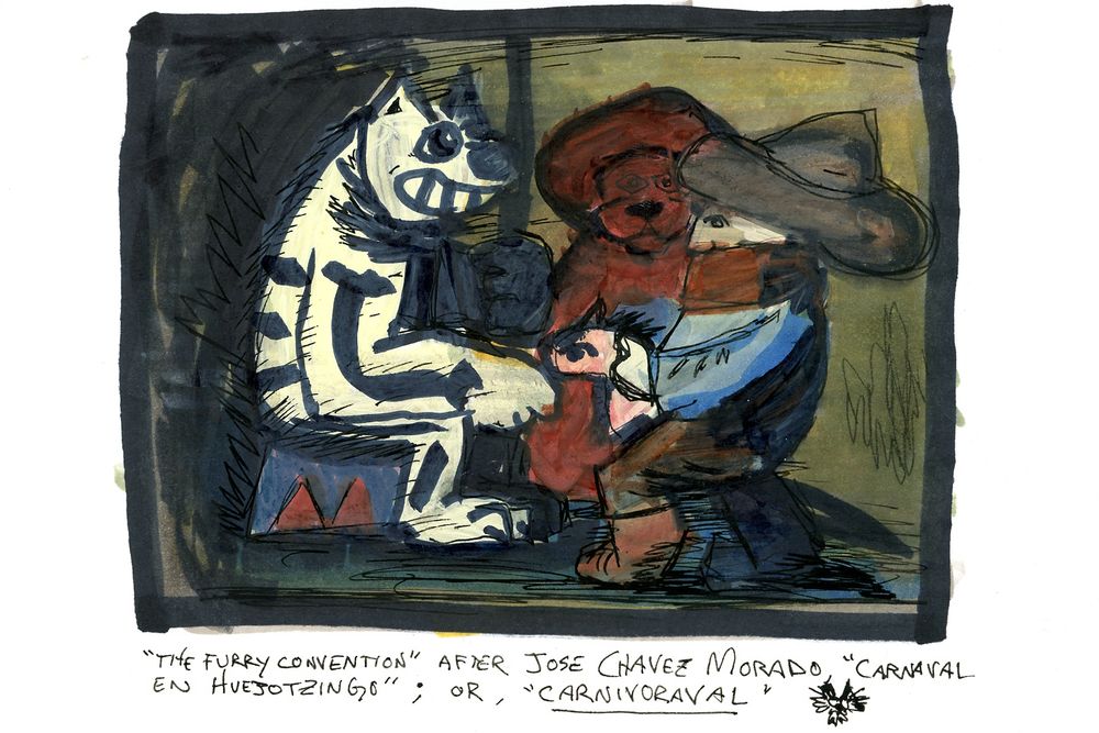 a furry fursuiting sitting with a figure in a dog mask and a facemasked figure on a hobby horse. text reads “‘The Furry Convention’ after José Chavez Morado ‘Carnaval en Huejotzingo’ ; or, ‘Carnivoraval’”