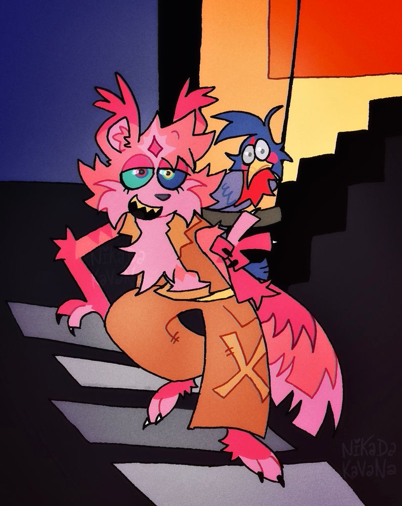 An illustration of a pink thylacine zookeeper with her American robin. The background is very abstract.