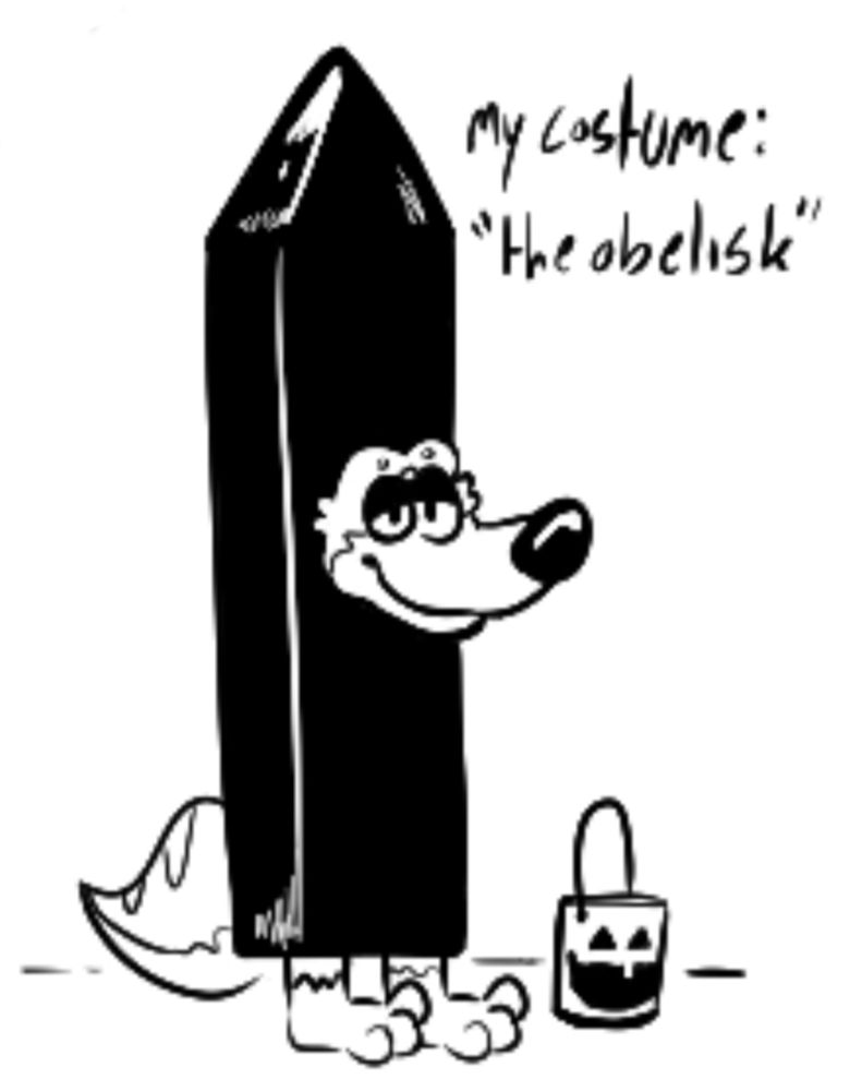 Dog's face poking out of a black obelisk