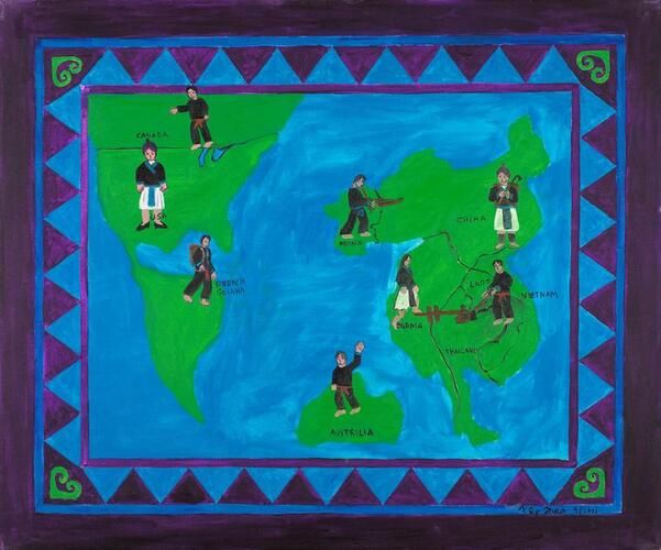 see previous exhibition catalog for illustrations of all 50 paintings
Artist commentary: 5000 years ago the Hmong lived on the basin of the Yellow River. Today the trail of the Hmong migration goes through China, Vietnam, Laos, Thailand, Burma, South America, France, Australia, Canada and America. Where the trail leads to, no one knows.